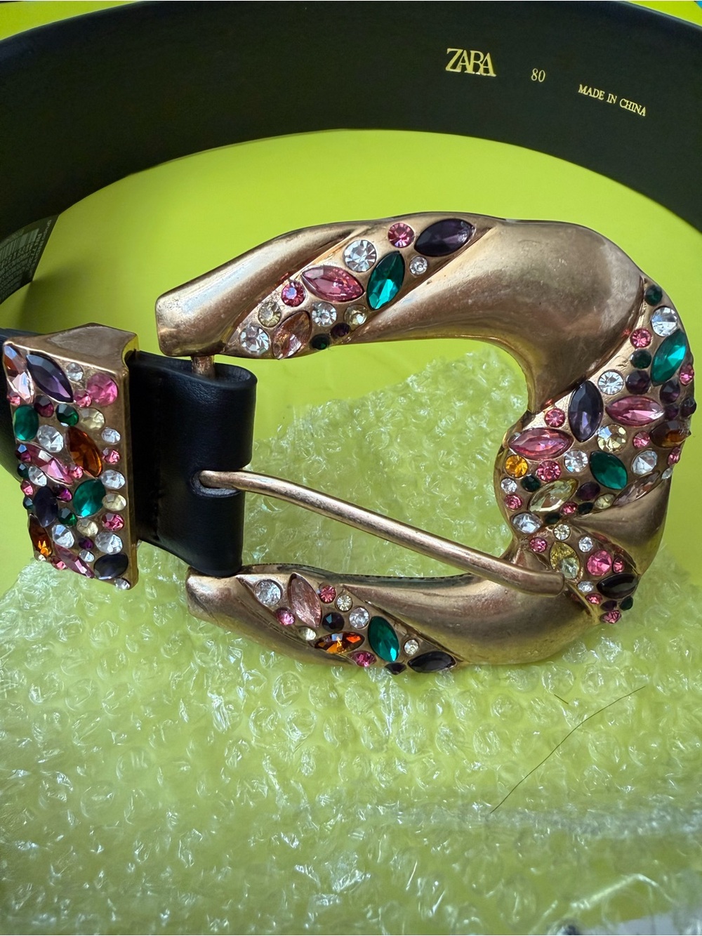 Zara Black Faux Leather Belt with Multicolor Jeweled Buckle – Size 80, Bran